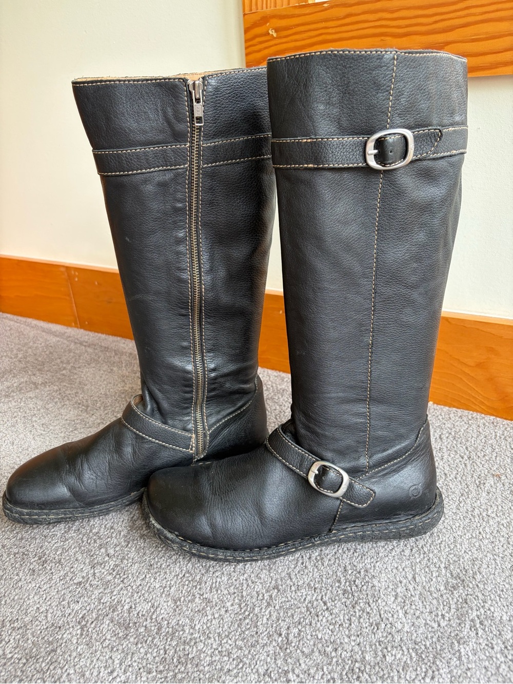 Børn Tiffani Tall Knee High Black Leather Riding Boots Dual Buckle Women's 11